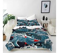ANHOPE Japanese Duvet Cover Set Soft Comforter Cover Wave Fish Carp Print Pattern 3 Piece Bedding Set with Pillowcase All Season Decorative Quilt Cover with Zipper for Kids Adults Single Size