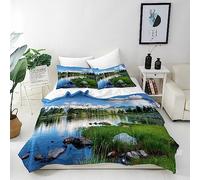 ANHOPE Landscape Duvet Cover Set Soft Lightweight Microfibre 3 Piece Bedding Set with 2 Pillowcase Nature Scenery Lake Forest Mountain Print Pattern All Season Quilt Cover with Zipper Closure Single