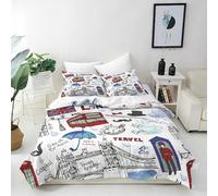 ANHOPE London Duvet Cover Set Soft Breathable Microfibre Quilt Cover with 2 Pillowcase Famous England Vintage Icons Print Pattern 3 Pcs Bedding Set with Zipper Closure Double 200 x 200 cm