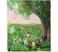 ANHOPE Lotus Blanket for Bed Sofa Couch All Season Flannel Throw Nature Tree Rooster Crane Print Pattern Soft Warm Lightweight Fleece Throw Blanket for Kids Baby Toddler 100 x 130 cm