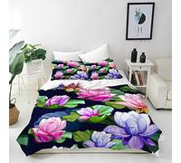ANHOPE Lotus Duvet Cover Set King 230x220cm, 2 Pillowcases | Soft Breathable Microfibre, Colorful Flower Green Leaf Print, Girls Quilt Cover Set with Zipper Closure, for Home and Hotels