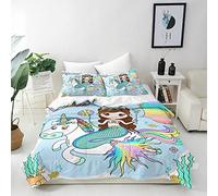 ANHOPE Mermaid Duvet Cover Set Soft Comforter Cover Princess Riding Unicorn Print Pattern 3 Piece Bedding Set with Pillowcase All Season Quilt Cover with Zipper for Kids Adult Super King Size