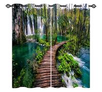 ANHOPE Nature Curtains Eyelet 80% Blackout Room Darkening Curtains with Forest Waterfall River Wood Path Print Pattern Light Blocking Window Drapes for Bedroom Living Room 66 x 54 Inch Drop 2 Panels