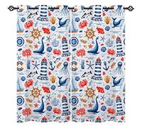 ANHOPE Nautical Curtains Eyelet 80% Blackout Room Darkening Curtains with Lighthouse Sailboat Anchor Whale Print Pattern Light Blocking Window Drapes for Bedroom Living Room 46 x 54 Inch Drop 2 Panels
