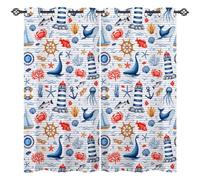 ANHOPE Nautical Curtains Eyelet 80% Blackout Room Darkening Curtains with Lighthouse Sailboat Anchor Whale Print Pattern Light Blocking Window Drapes for Bedroom Living Room 42 x 63 Inch Drop 2 Panels