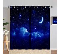 ANHOPE Night Curtains Eyelet Blackout Thermal Insulated Curtains Cloud Moon Stars Print Pattern Soft Soundproof Privacy Window Drapes for Kids Boys Girls Bedroom Living Room 46 x 90 Inch 2 Panels
