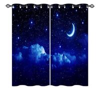 ANHOPE Night Curtains Eyelet Blackout Thermal Insulated Curtains Cloud Moon Stars Print Pattern Soft Soundproof Privacy Window Drapes for Kids Boys Girls Bedroom Living Room 46 x 54 Inch 2 Panels