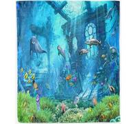 ANHOPE Ocean Blanket for Sofa Couch Bed All Season Flannel Throw Blanket Underwater Relic Shark Dolphin Print Pattern Soft Fluffy Lightweight Fleece Throw for Kids Adults Twin/Double 150 x 200 cm