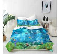 ANHOPE Ocean Duvet Cover Set 3 Piece Bedding Set with 2 Pillowcases Underwater Relic Shark Dolphin 3D Printed Pattern Soft Breathable Microfibre Quilt Cover with Zipper Closure Double