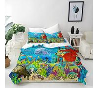 ANHOPE Ocean Duvet Cover Set Soft Comforter Cover Underwater Castle Octopus Turtle Print Pattern 3 Piece Bedding Set with Pillowcase All Season Quilt Cover with Zipper for Kids Adults King