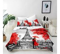 ANHOPE Oil Painting Paris Duvet Cover Set Single 135x200cm | Eiffel Tower Romantic Couple Red Tree Print, 2 Pillowcases 50x75cm, Soft Microfibre Bedding Quilt Cover Set for All Season