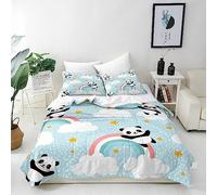 ANHOPE Panda Duvet Cover Set Soft Lightweight Microfibre 3 Piece Bedding Set with 2 Pillowcase Blue Background Panda Bear Rainbow Cloud Print Pattern All Season Quilt Cover with Zipper Closure Double