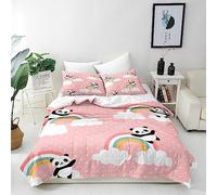 ANHOPE Panda Duvet Cover Set Soft Lightweight Microfibre 3 Piece Bedding Set with 2 Pillowcase Pink Background Panda Bear Rainbow Cloud Print Pattern All Season Quilt Cover with Zipper Closure Single