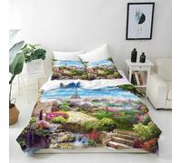 ANHOPE Paris Duvet Cover Set 3 Piece Bedding Set with 2 Pillowcases Garden Old House Eiffel Tower Print Pattern Soft Breathable Microfibre Quilt Cover with Zipper Closure Single
