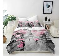 ANHOPE Paris Duvet Cover Set King 230x220cm 2 Pillowcases | Eiffel Tower Pink Cherry Blossom Couple Print, Soft Microfibre Fabric, All Season Quilt Cover Set with Zipper Closure