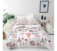 ANHOPE Paris Duvet Cover Set Soft Breathable Microfibre Quilt Cover with 2 Pillowcase Eiffel Tower Bicycle Wine Flower Print Pattern 3 Pcs Bedding Set with Zipper Closure Single 135 x 200 cm