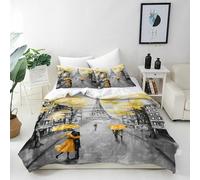 ANHOPE Paris Duvet Cover Set Soft Breathable Microfibre Quilt Cover with Zipper Closure Painting Eiffel Tower Yellow Tree 3D Printed Pattern 3 Piece Bedding Set with 2 Pillowcases Double