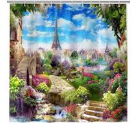 ANHOPE Paris Shower Curtain Mould and Mildew Resistant Waterproof Bathtub Drapes Garden Old House Eiffel Tower Print Pattern Polyester Fabric Bathroom Curtain with 12 Hooks 180 x 180 cm