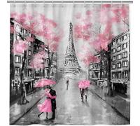 ANHOPE Paris Shower Curtain Waterproof Mould & Mildew Resistant Polyester Fabric Bathroom Curtain Oil Painting Eiffel Tower Pink Tree Bath Drapes Bathtub Decor Set with 12 Hooks 180 x 180 cm