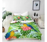 ANHOPE Parrot Duvet Cover Set Soft Lightweight 3 Piece Bedding Set with 2 Pillowcases Tropical Jungle Palm Leaf Floral Macaw Print Pattern Quilt Cover with Zipper Closure Single