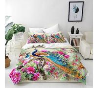 ANHOPE Peacock Duvet Cover Set Single 135x200cm 2 Pillowcases | Oriental Peony Flower Print, Soft Microfibre Fabric, All Season Quilt Cover Set with Zipper Closure, for Home and Hotels