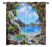 ANHOPE Scenery Curtains Eyelet 80% Blackout Room Darkening Curtains with Nature Landscape Garden Waterfall Print Pattern Light Blocking Window Drapes for Bedroom Living Room 30 x 63 Inch Drop 2 Panels