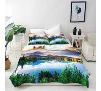 ANHOPE Scenery Duvet Cover Set Soft Lightweight Microfibre Polyester 3 Piece Bedding Set with 2 Pillowcase Forest Lake Mountain Scene Print Pattern All Season Quilt Cover with Zipper Closure Double