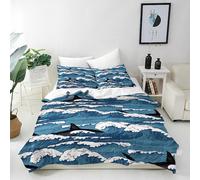 ANHOPE Shark Duvet Cover Set Soft Breathable Microfibre Quilt Cover with 2 Pillowcase Retro Style Ocean Sea Wave Print Pattern 3 Pcs Bedding Set with Zipper Closure Double 200 x 200 cm