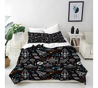 ANHOPE Space Duvet Cover Set Soft Comforter Cover Rocket Planet UFO Stars Print Pattern 3 Piece Bedding Set with Pillowcase All Season Quilt Cover with Zipper for Kids Adults Double Size