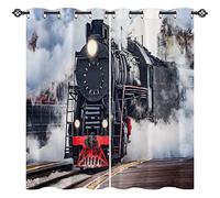 ANHOPE Steam Train Curtains Eyelet 80% Blackout Room Darkening Curtains with Retro Steam Engine Locomotive Print Pattern Light Blocking Window Drapes for Bedroom Living Room 30 x 63 Inch Drop 2 Panels