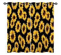 ANHOPE Sunflower Curtains Eyelet 80% Blackout Room Darkening Curtains with Black Background Yellow Flower Print Pattern Light Blocking Window Drapes for Bedroom Living Room 46 x 63 Inch Drop 2 Panels