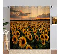 ANHOPE Sunflower Curtains Eyelet 80% Blackout Room Darkening Curtains with Sunset Farm Yellow Flower Field Print Pattern Light Blocking Window Drapes for Bedroom Living Room 46 x 90 Inch Drop 2 Panels