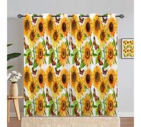 ANHOPE Sunflower Curtains Eyelet 80% Blackout Room Darkening Curtains with Yellow Floral Butterfly Print Pattern Thermal Insulated Window Drapes for Bedroom Living Room 66 x 90 Inch Drop 2 Panels