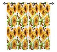 ANHOPE Sunflower Curtains Eyelet 80% Blackout Room Darkening Curtains with Yellow Floral Butterfly Print Pattern Thermal Insulated Window Drapes for Bedroom Living Room 42 x 63 Inch Drop 2 Panels
