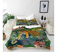 ANHOPE Tiger Duvet Cover Set Soft Comforter Cover Tropical Leaf Flower Feather Print Pattern 3 Piece Bedding Set with Pillowcase All Season Decor Quilt Cover with Zipper for Kids Adults King