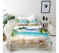 ANHOPE Tropical Beach Duvet Cover Set, Super King Size 260x220cm | Ocean Seaside Seashell Starfish Palm Leaf Print, Soft Microfibre, 2 Pillowcases 50x75cm, Printed Bedding Quilt Cover Set