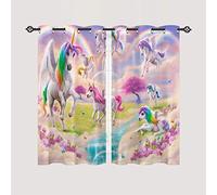 ANHOPE Unicorn Curtains Eyelet Ring Top Thermal Insulated 80% Blackout Curtains with Rainbow Unicorn Flower Print Pattern Window Drapes for Kids Girls Bedroom Living Room 28 x 54 Inch Drop 2 Panels