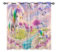 ANHOPE Unicorn Curtains Eyelet Ring Top Thermal Insulated 80% Blackout Curtains with Rainbow Unicorn Flower Print Pattern Window Drapes for Kids Girls Bedroom Living Room 30 x 63 Inch Drop 2 Panels