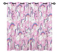 ANHOPE Unicorn Curtains Eyelet Thermal Insulated Blackout Curtains Pink Background Rainbow Unicorn Print Pattern Ring Top Window Drapes for Kids Girls Bedroom Living Room 30 x 63 Inch Drop 2 Panels
