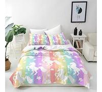 ANHOPE Unicorn Duvet Cover Set Soft Lightweight 3Pcs Bedding Set with 2 Pillowcase Colorful Rainbow Unicorn Stars Stripe Print Pattern Kids Girls Toddler Quilt Cover with Zipper Closure Double Size