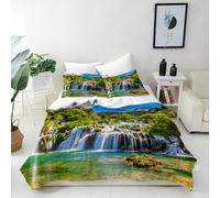 ANHOPE Waterfall Duvet Cover Set Soft Lightweight Microfibre Quilt Cover with 2 Pillowcase Nature Forest Waterfall River Print Pattern 3 Pcs Bedding Set with Zipper Closure Single 135 x 200 cm