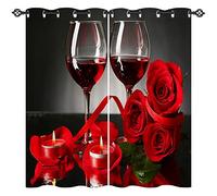 ANHOPE Wine Curtains Eyelet 80% Blackout Room Darkening Curtains with Romantic Love Red Rose and Wine Print Pattern Thermal Insulated Window Drapes for Bedroom Living Room 30 x 63 Inch Drop 2 Panels