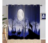 ANHOPE Wolf Curtains Eyelet 80% Blackout Room Darkening Curtains Forest Animal Wolves Moon Print Pattern Thermal Light Blocking Window Drapes for Bedroom Living Room 66 x 90 Inch Drop 2 Panels
