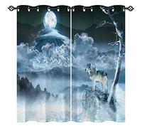 ANHOPE Wolf Curtains Eyelet Soft Thermal Insulated Ring Top 80% Blackout Curtains with Winter Forest Mountain Moon Wolf Print Pattern Window Drapes for Bedroom Living Room 46 x 54 Inch 2 Panels