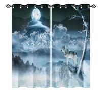 ANHOPE Wolf Curtains Eyelet Soft Thermal Insulated Ring Top 80% Blackout Curtains with Winter Forest Mountain Moon Wolf Print Pattern Window Drapes for Bedroom Living Room 55 x 69 Inch 2 Panels