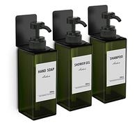 Anhow 3pcs Soap Dispenser Set, 500ml Wall Mounted Dispenser 17oz Drill Free Shampoo and Conditioner Dispenser with 16pcs Labels for Bathroom, Kitchen - Green
