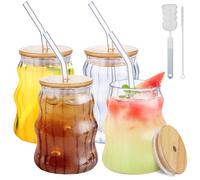 Anhow 4 Pack Ripple Iced Coffee Glasses, 500 ML Latte Glasses Bubble Drinking Glasses Tumblers with Lid and Straw, Borosilicate Heat Resistant Glass Coffee Mugs for Cocktail, Water, Soda, Juice, Milk