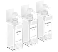 Anhow Set of 3 Soap Dispensers, Wall Mounting Set, 500 ml Soap Dispenser, No Drilling, Plastic Detergent Dispenser with 16 Pieces Waterproof Labels for Kitchen and Bathroom - Transparent