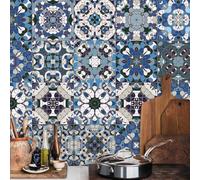 ANHUIB 18 Pcs Kitchen Tile Stickers Bathroom Wall Tile Square Moroccan Style Tile Decals Self Adhesive Ceramic Stickers 15x15 Peel and Stick Kitcken Decals Vintage Stair Sticker for Living Room