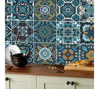 ANHUIB 18 Pcs Square Bathroom Wall Tile Stickers Kitchen Splashback Sticker Moroccan Style Retro Pattern Square Tile Sticker Waterproof Peel and Stick Wall Tile Decals for Kitchen Bathroom Living Room